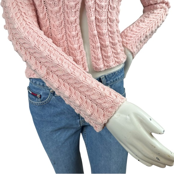 Y2K DKNY Baby Pink Popcorn Chunky Knit Collared Single Button Cardigan Small - Picture 3 of 7
